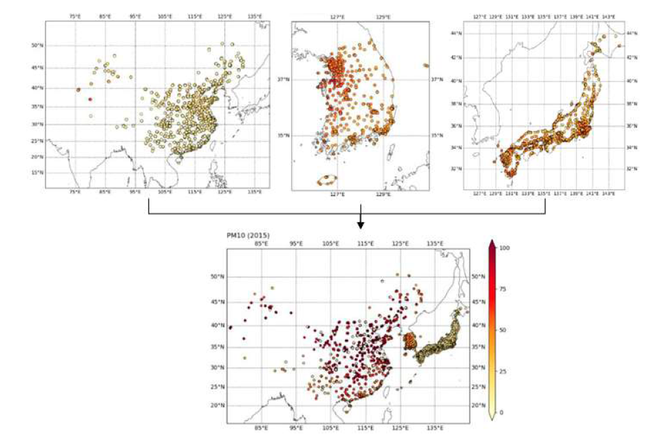 동아시아 지상대기질 관측소 분포