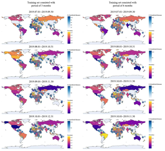 기간별 국가별 발생 예측 된 감염병의 수 및 예측정확도를 나타낸 지도