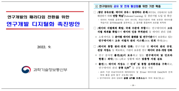 과기부「연구개발 디지털화 촉진방안」세부 추진과제 내 24개 출연(연)과 DataON 연계