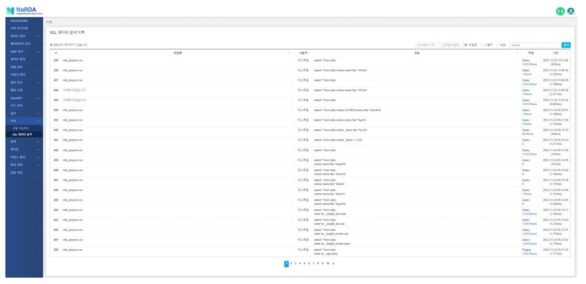정형 데이터 SQL 질의 조회 화면