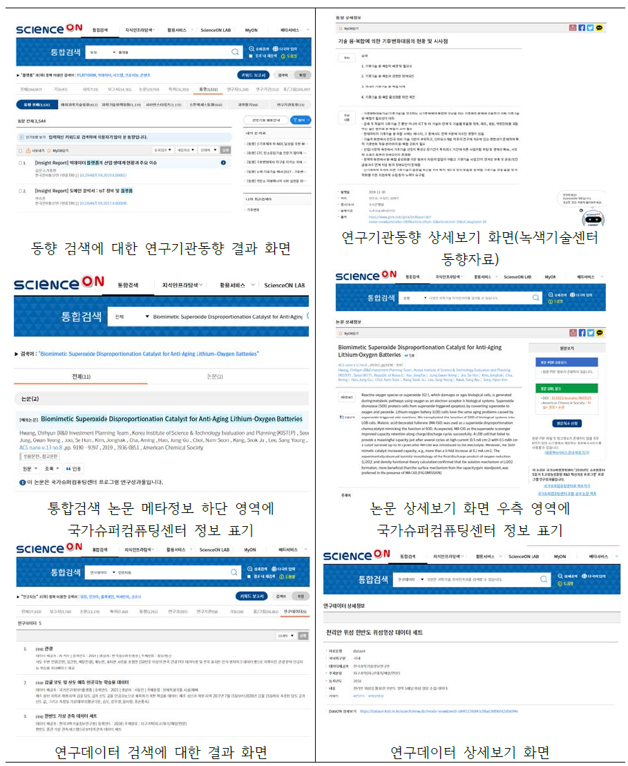 동향검색, 연구데이터 검색 등 연계화면