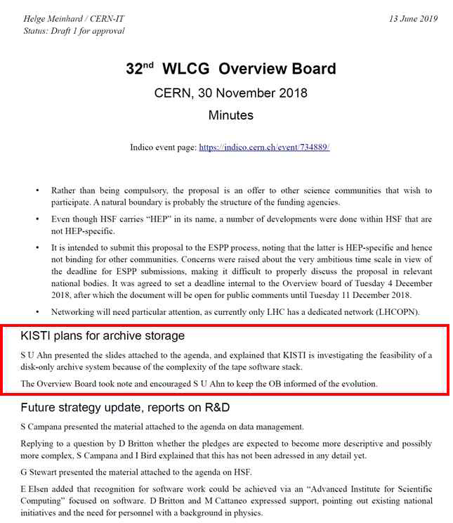 WLCG 총회(WLCG Overview Board)의 KISTI 디스크 기반 아카이빙 시스템 관련 회의록(‘18.11월)