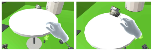 Collaboration context-aware interaction handling pass-through manipulation of virtual objects