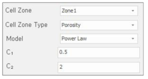Porous Zone 설정 인터페이스 (Power Law 모델)