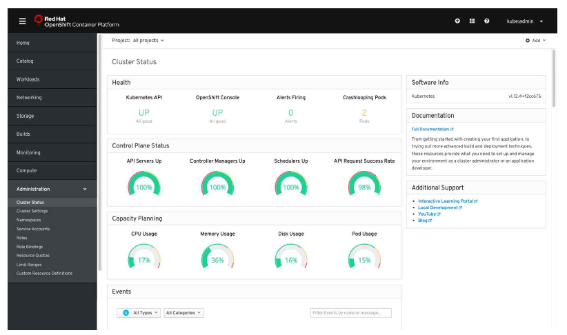 OpenShift 포탈 화면 (관리자 페이지)