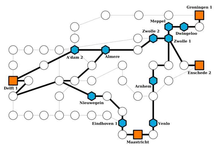 기존 네트워크 상 양자 중계기 위치(푸른색) 최적화 결과 (출처:　Science 362, 303;　arXiv:2005.14715v2)