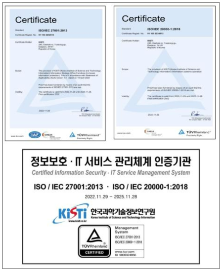 ISO 27001/20000 Certificate (above) and Certification Bulletin (below)