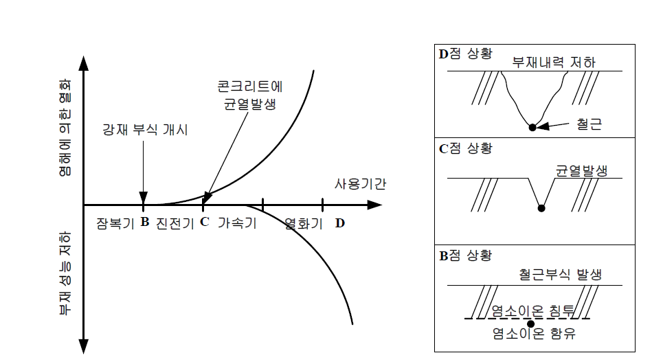 철근 콘크리트 구조물의 염해와 철근 부식에 의한 내용년수 개념