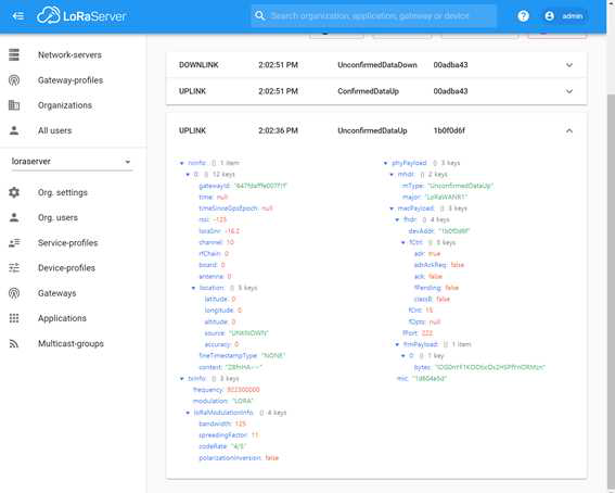 LoRa Application Server Gateway Live Data Packet