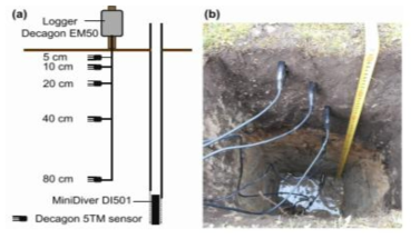 (a) Raam유역의 토양수분 센서 설치 단면도, (b) 센서의 실제 설치 모습 (Brocca et al., 2017)