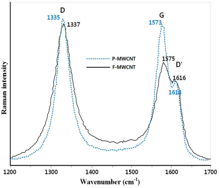 P-MWCNTs와 F-MWCNTs의 Raman 스펙트럼