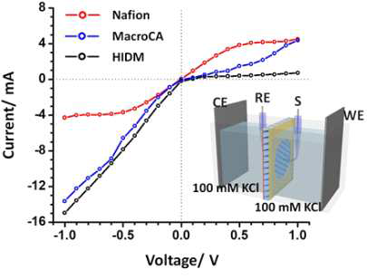 개발된 이오노머-사파이어 비균질 이온정류막 정류특성 결과