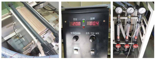 전기투석 장치의 각 구성 모습, (좌) 전기투석 스택, (중앙) 전기투석 시스템, (우) 유량계 및 펌프