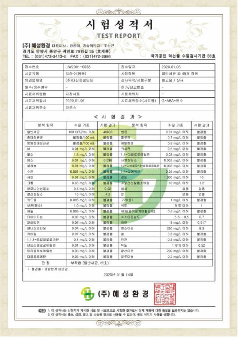 국외정수시스템 지하수 음용수 검사 (원수)