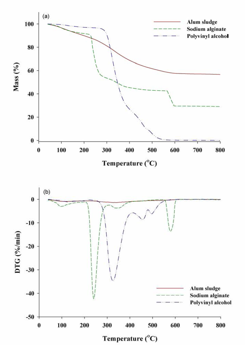 공기 퍼징으로 분석한 Alum sludge, Sodium alginate, PVA의 TGA와 DTG