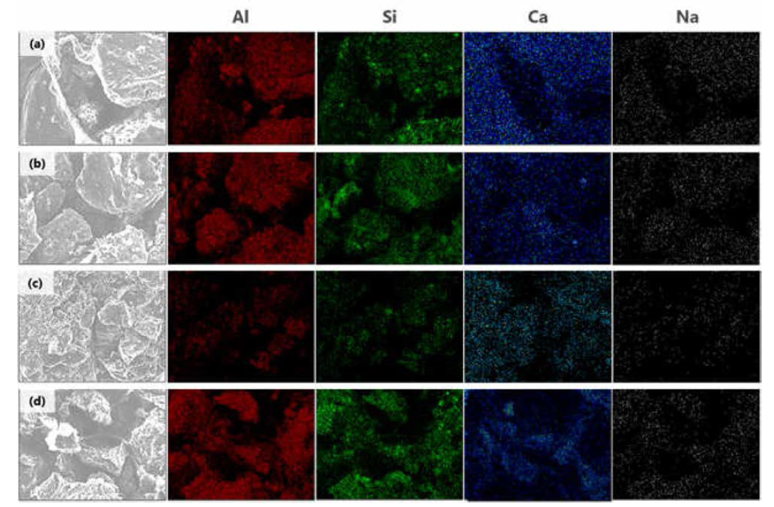 건조 및 소성 흡착제의 SEM-EDS 분석 (a) A-A, (b) A-A-P, (c) S_A_P (Dry), (d) S-A-P (Calcination)