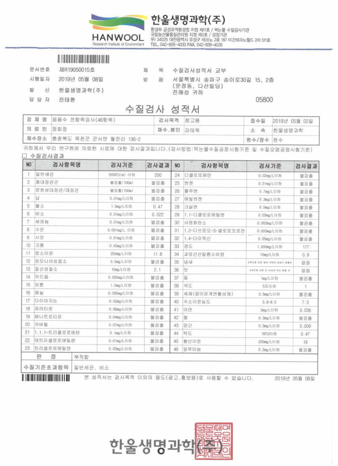 국내정수시스템 지하수 수질 검사성적서 (최초)