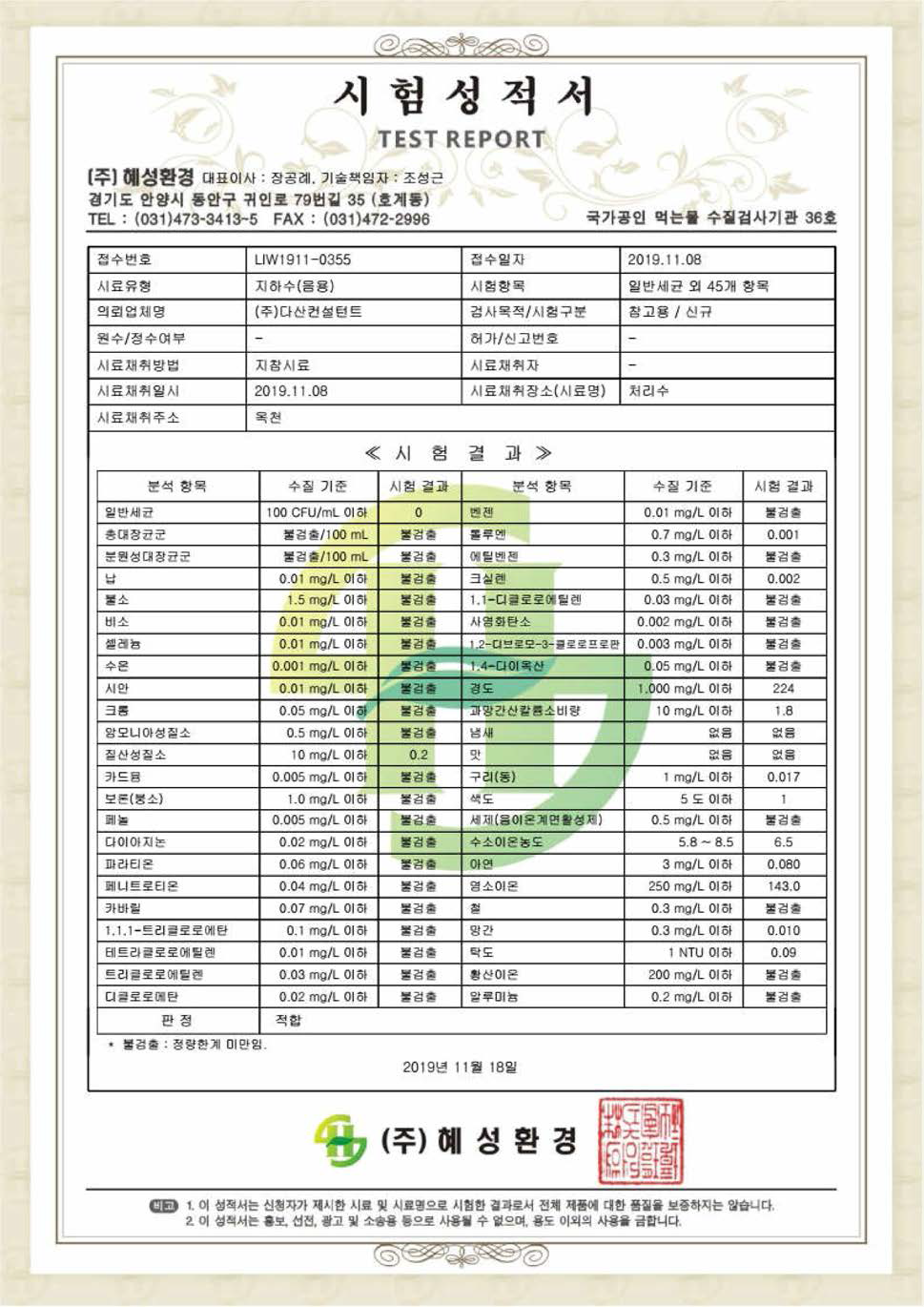 국내정수시스템 지하수 수질 검사성적서 (설치 후 원수)