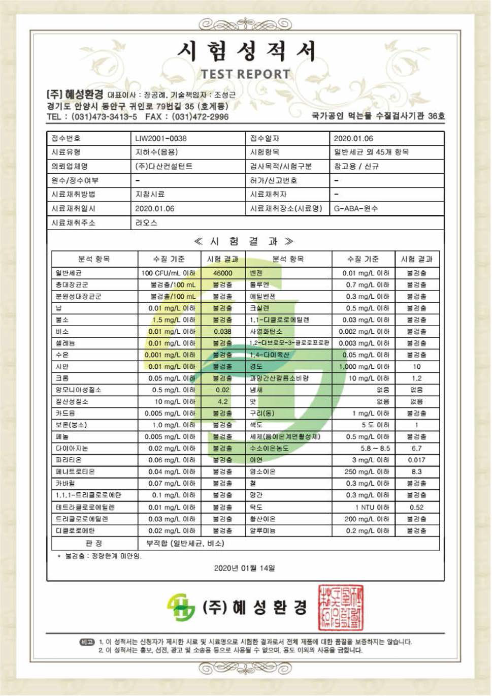 국외정수시스템 지하수 음용수 검사 (원수)