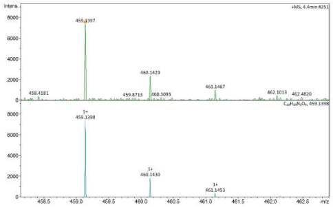 4.4분에 측정된 스펙트럼(위)과 분자량(459)을 토대로 재검색된 스펙트럼(아래) (페레이트 투여량 : 2μM)