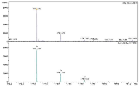 2.6분에 측정된 스펙트럼(위)과 분자량(477)을 토대로 재검색된 스펙트럼(아래) (페레이트 투여량 : 8μM)