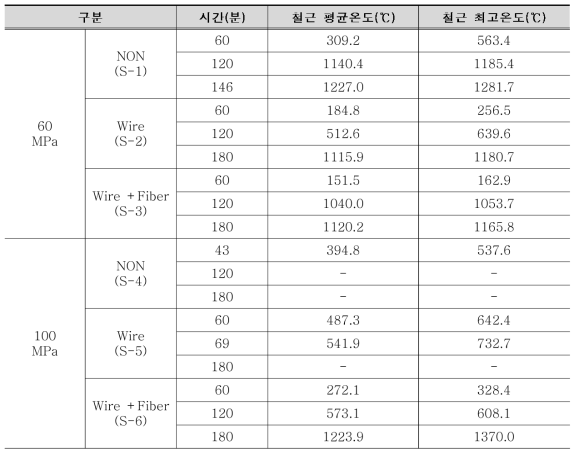 고강도 내화콘크리트 기둥실험체의 내화실험결과(온도평가)