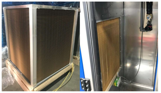 패키지 유닛 시제품 간접식 증발냉각기 열교환기(좌) 및 솔레노이드 밸브 적용(우) 사진
