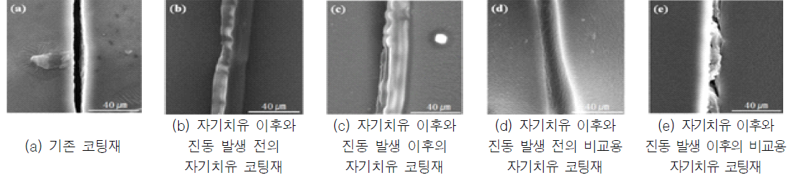 자기치유 코팅재의 도포된 모르타르 시편의 진동 시험 후 표면의 SEM 사진