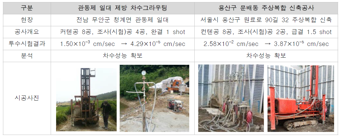 시험시공 개요 및 차수성능시험 결과