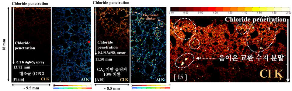 EPMA 방법을 이용한 CA2 기반 클링커와 음이온 교환수지 분말이 치환된 OPC 기반 결합재 및 보수재료의 Cl- 고정량 평가결과