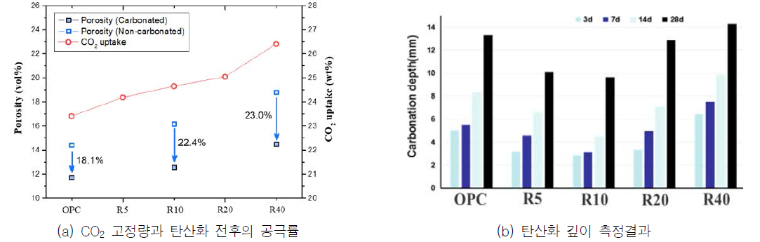 γ-C2S 치환 시멘트 결합재의 CO2 고정량, 공극률 변화, 탄산화 깊이 측정결과