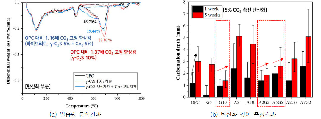 하이브리드 결합재 모르타르의 TGA 및 탄산화 깊이 측정결과