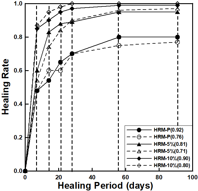 치유기간에 따른 치유율 (재령 28일 균열 유도)