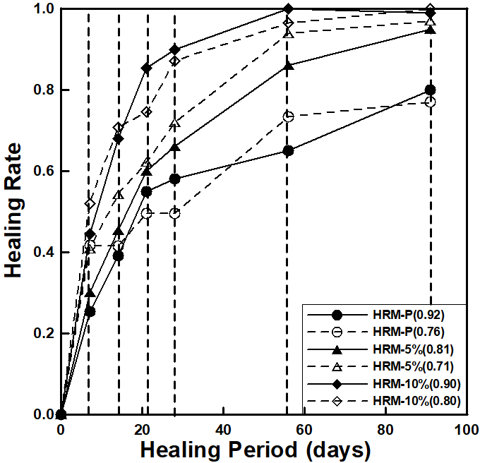 치유기간에 따른 치유율 (재령 91일 균열 유도)