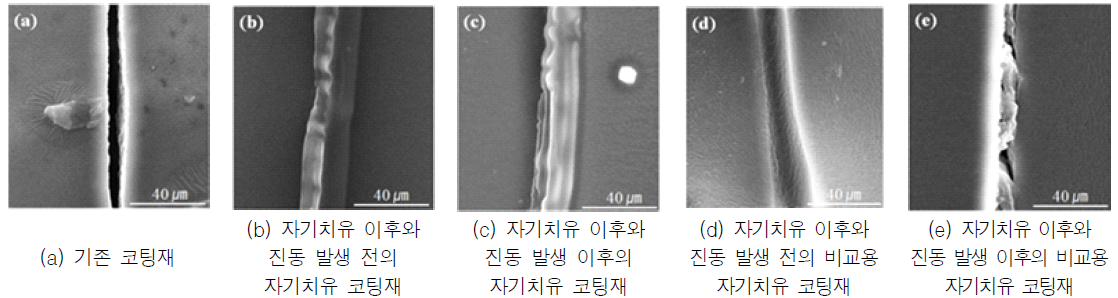 자기치유 코팅재의 도포된 모르타르 시편의 진동 시험 후 표면의 SEM 사진