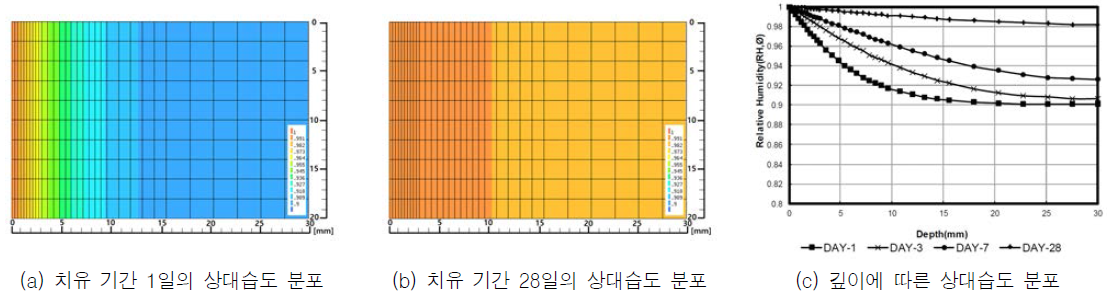 치유 기간 및 깊이에 따른 상대습도 분포