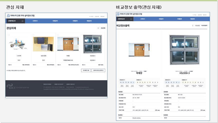 저에너지 건축자재설비정보 포털 화면 (관심자재 & 정보비교) 예시