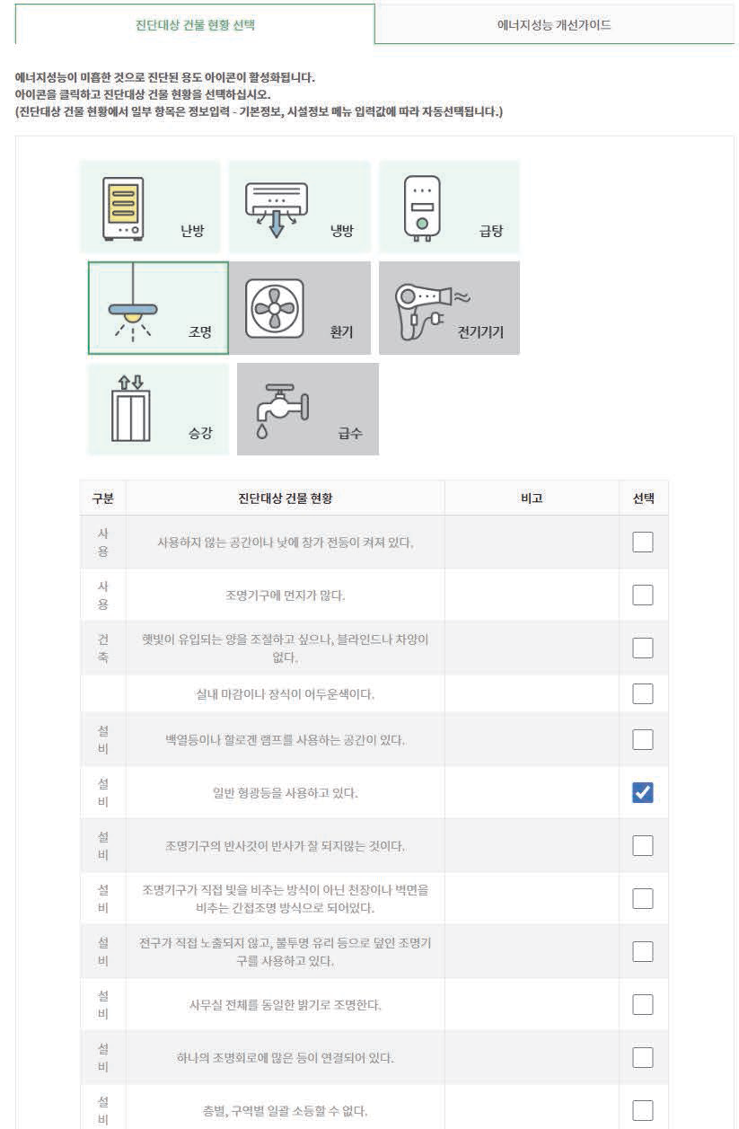 용도별 에너지성능 관련 진단대상 건물 현황 선택 화면