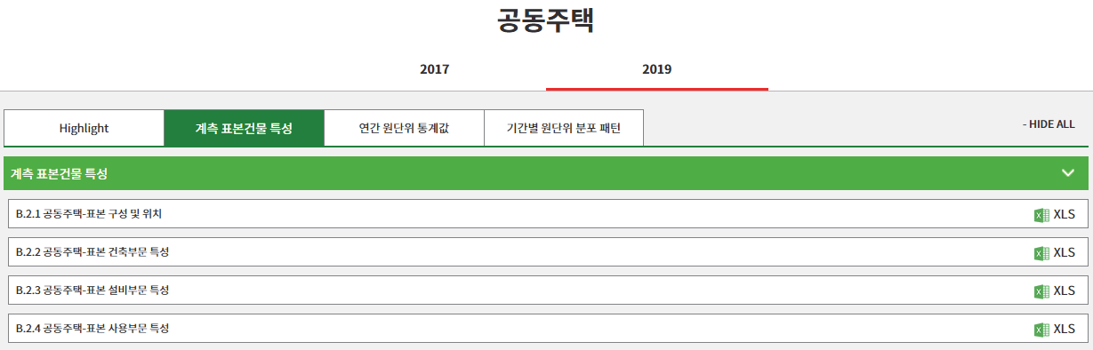 공동주택 ‘계측 표본건물 특성’ 화면 예시 (KDBEIS 2019)