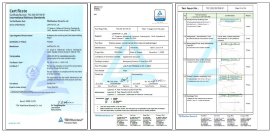 이동식 제동계측차량 제동모니터링 시험 인증서(TUV Rheinland)