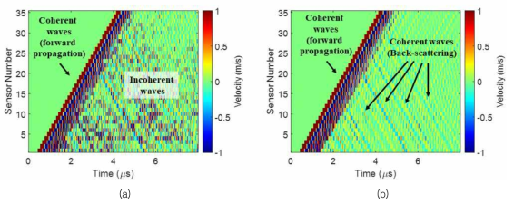 standard particle 2% Volume fraction model B-scan 이미지 (a) 신호누적 그래프, (b) 평균합산된 신호누적 그래프