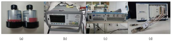 초음파 간이 측정 시스템 구축 장비 사진;(a) Transducer, (b) Arbitrary waveform generator, (c) Amplifier, (d) Data acquisition
