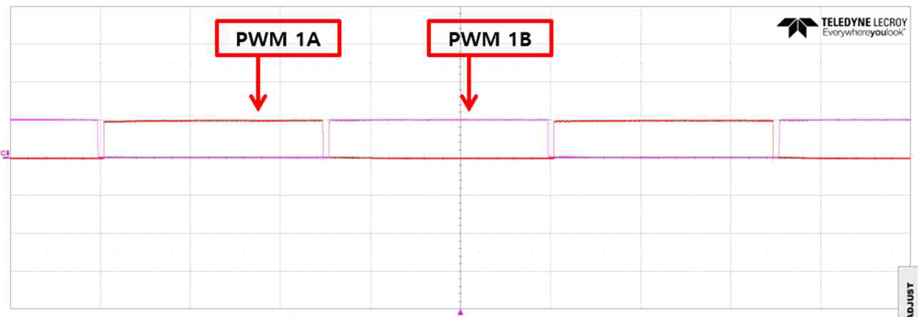 오실로스코프를 이용한 10kHz의 PWM 신호 출력파형 (DeadTime Gap : 1.3 usec)