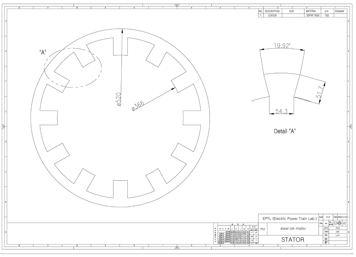 45kW급 DR-PMSM 최종모델의 고정자 설계도