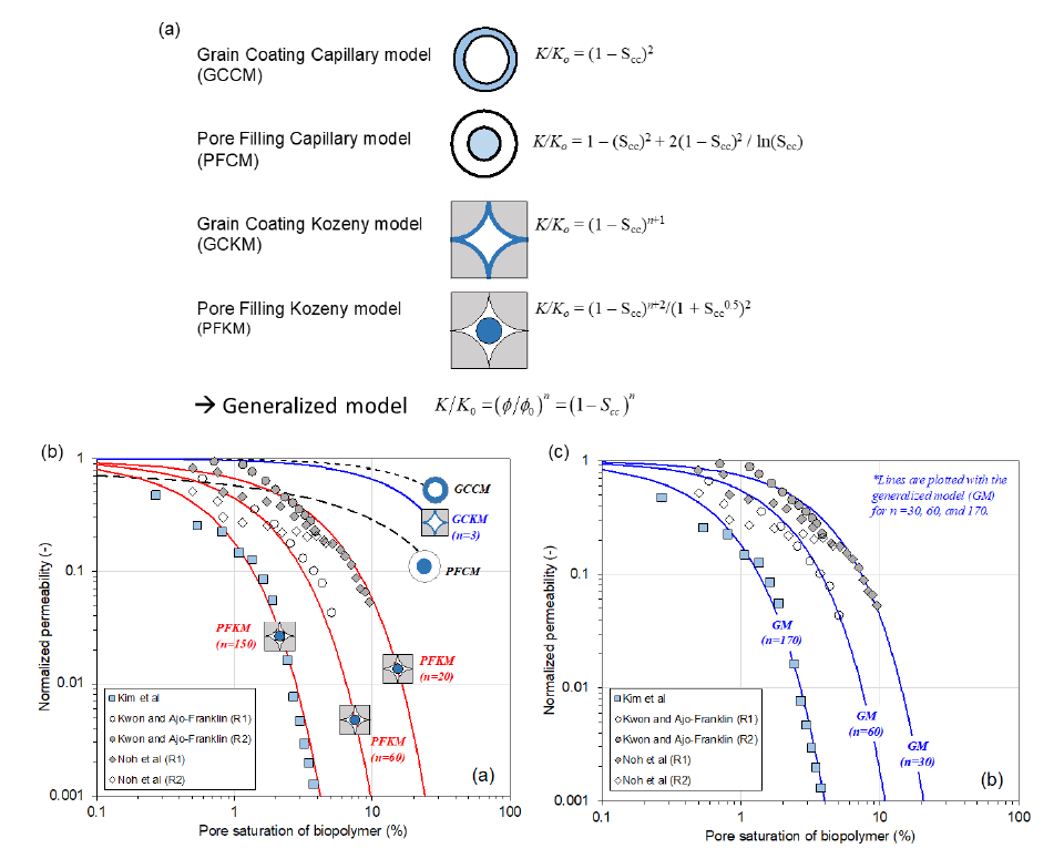 바이오폴리머의 포화도에 따른 투수계수 감소 모델: (a) 선행 연구에 의한 모델과 본 연구에서 제시한 ‘Generalized model’, (b) 선행 연구 및 본 연구의 실험 결과와 선행 모델, (c) 선행 연구 및 본 연구의 실험 결과와 본 연구에서 제시한 모델