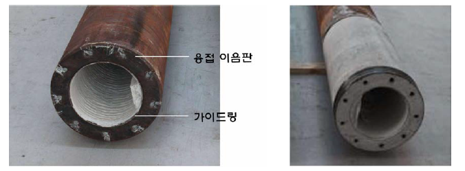 PCFT말뚝의 하단(용접이음판 및 가이드링)과 상단의 모습