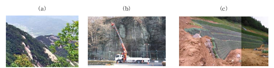 국내지반 특성: (a) 국내산지; (b) 절취 후 사면 (암반); (c)절취후 사면 (풍화토)