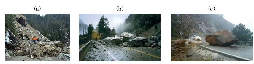 비탈면 붕괴 사례: (a) 풍화현상에 의한 붕괴; (b) 동결-융해 현상으로 인한 붕괴; (c) 동결-융해 현상으로 인한 붕괴