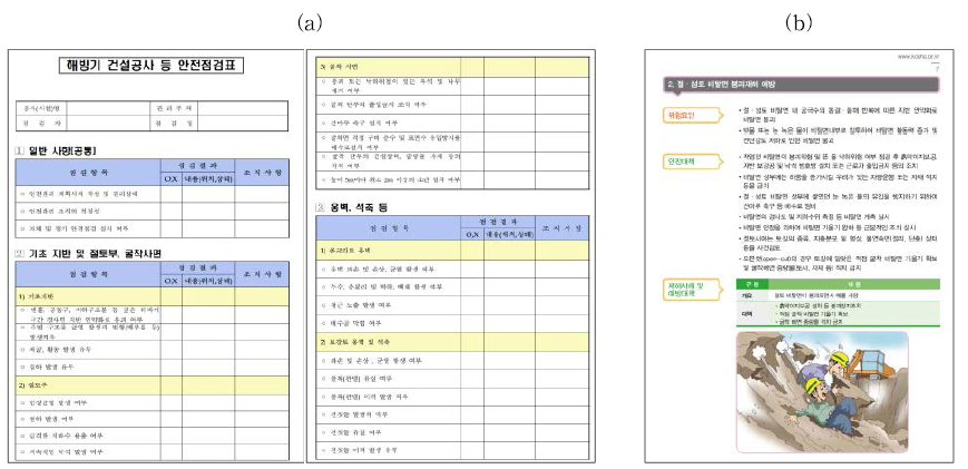 해빙기 비탈면 관련 안전점검 가이드라인: (a) 해빙기 절토부, 굴착사면 안전점검표; (b) 해빙기 안전보건 가이드라인