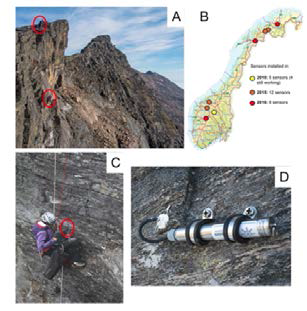 CryoWall project를 통해 설치된 노르웨이 전역에 설치된 센서 (Steiger et al., 2016)